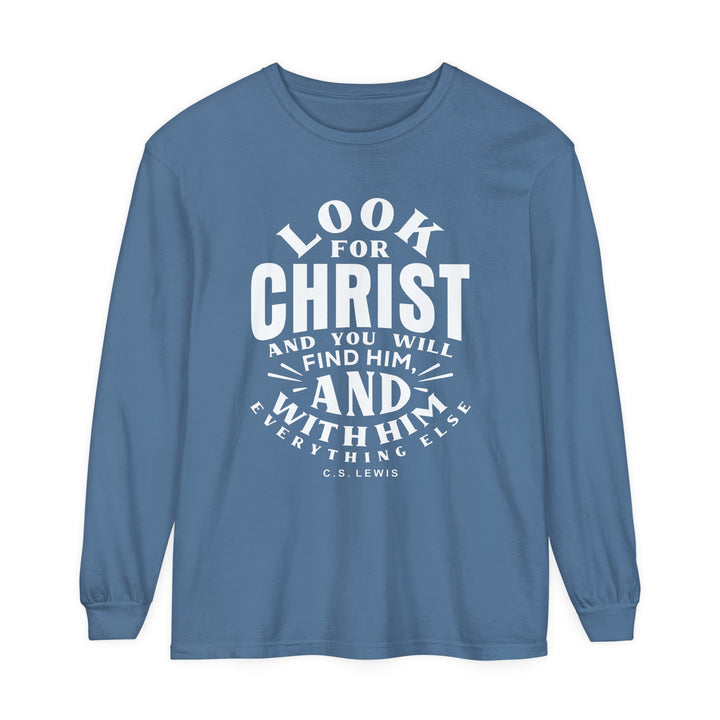 C.S. Lewis Look For Christ Long Sleeve Shirt Long-sleeve Blue Jean S