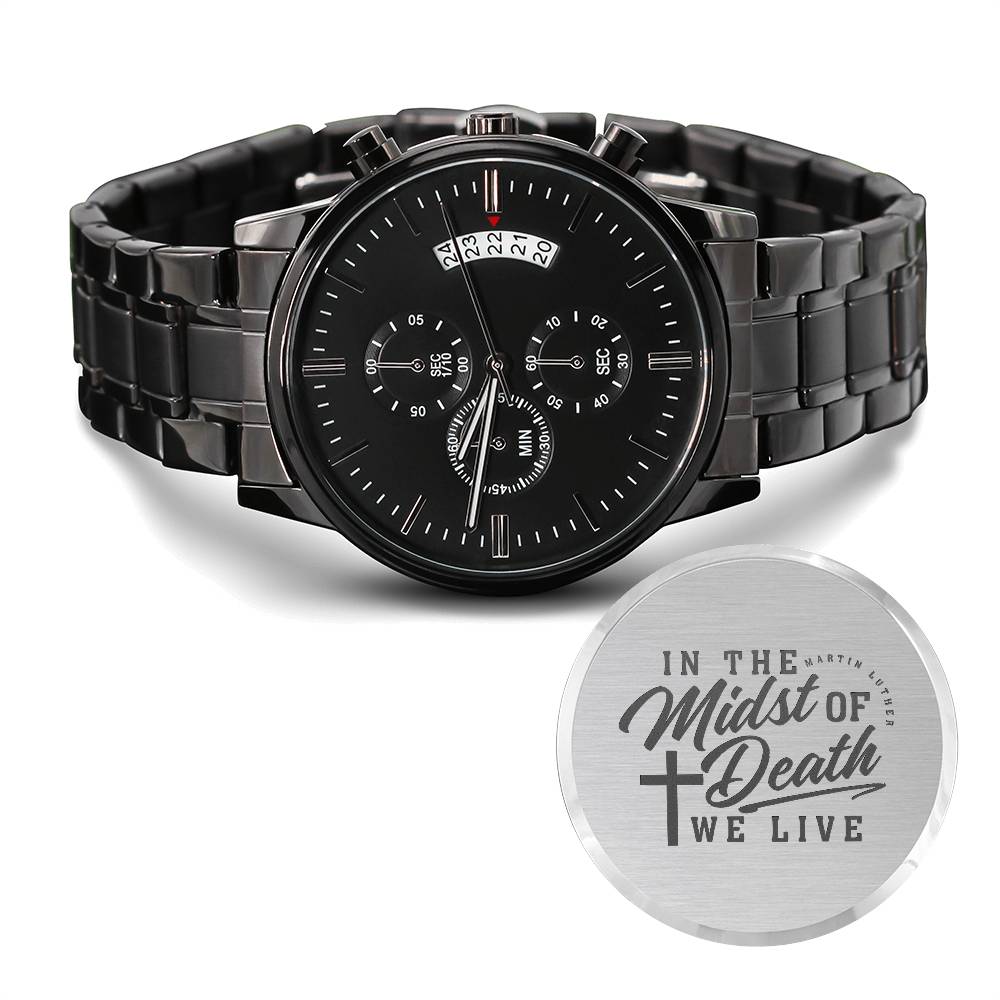 Christian Watch Martin Luther's In Midst of Death Engraved Black Chronograph Chronograph Watches